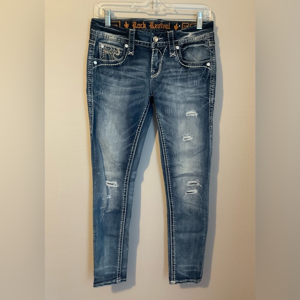 New without tags Rock Revival Stacia Blue Distressed Skinny Jeans. Size 26